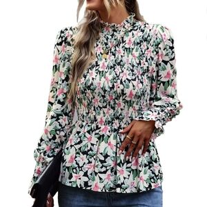 FASHION | Women's Multicolor Smocked Floral Mock Neck Long Sleeved Top